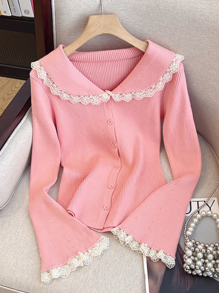 Self-Retained Recommend ~ Lace Doll Collar Bell Sleeve Knit Women Autumn New Chic Base Top