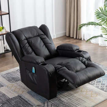 Black PU Recliner Single Sofa With Eight-Point Massage Function and Heating, Ring Pull, Cup Holder, Adjustable Multi-Mode. 3