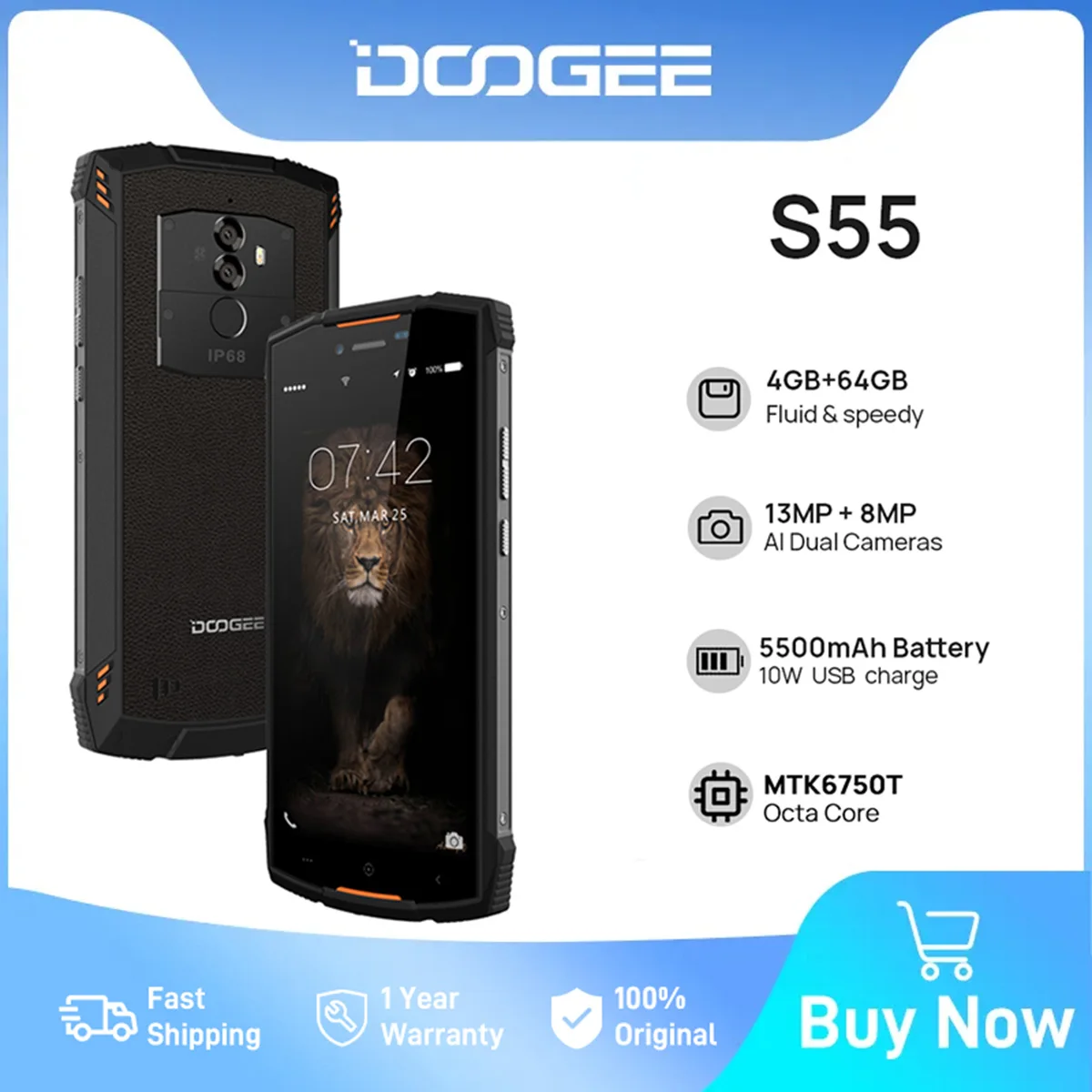 

DOOGEE S55 Rugged 5.5"HD Display 4GB RAM 64GB ROM Octa Core Dual SIM 13MP Rear Camera Fingerprint Unlocking 5500mAh Battery