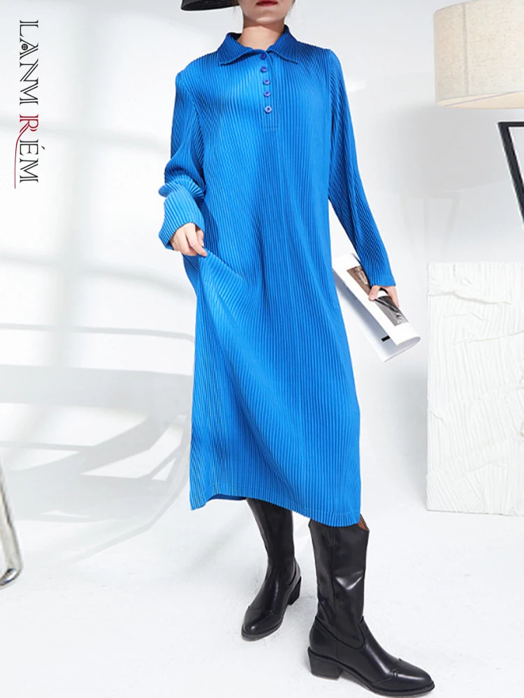LANMREM Loose Size Casual Slit Straight Long Pleated Dress For Women 2022 Autumn Gray Blue Color Female Fashion Clothing 2R6993