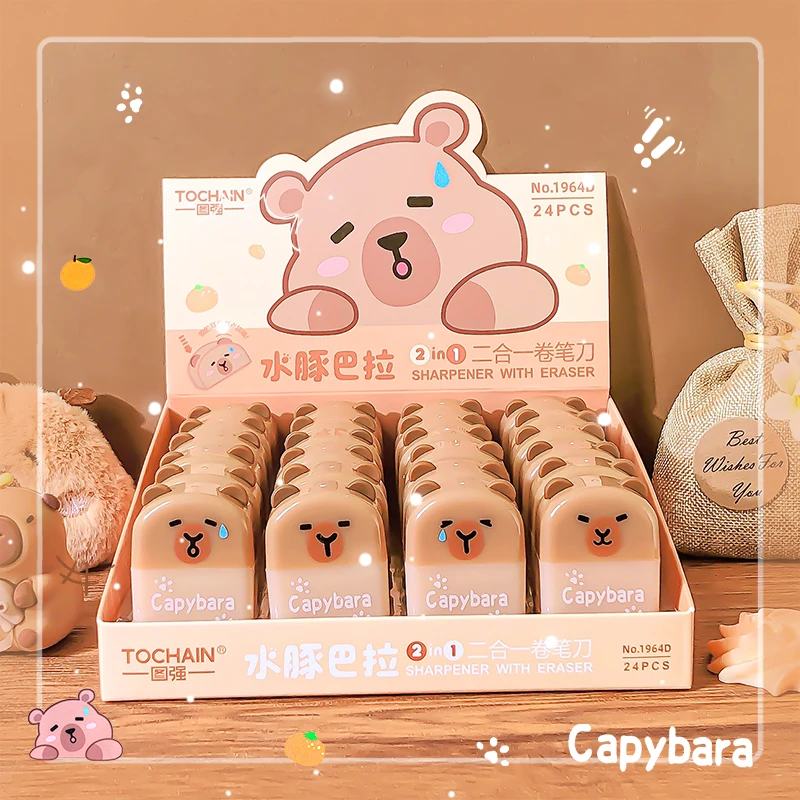 Фото Kawaii канцелярские товары, подарок учителю школы, канцелярские товары, класс обратно в школу, капибара, резиновые забавные ластики, точилка №2