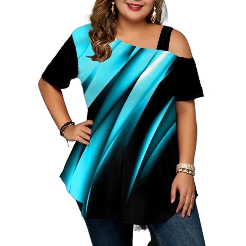 

Fashion Plus Size Tops Women Digital Gradient Print Short Sleeve Large Hem Woman Blouse And Top Plus La Taille Tops 5Xl Femme