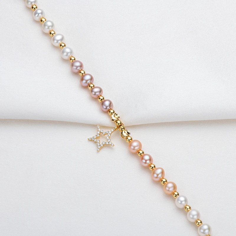

Lnngy 14K Gold Filled Pave CZ Star Dangle Charm Bracelet for Women Girls 5-6mm Natural Freshwater Pearl Bracelet Jewelry