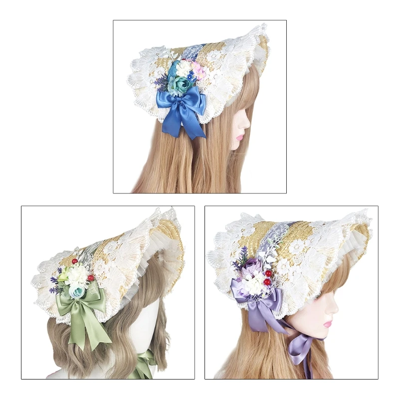 

Handmade Pastoral Bonnet Straw Hat Sweet Ruffled Lace Trimming Ribbon for Sun Elegant Tea Party Floral Cosplay