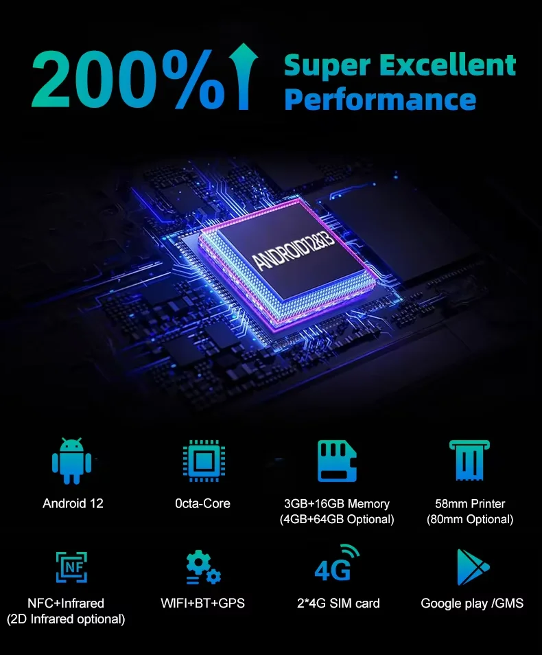 Настольный 8-дюймовый POS-терминал Android 12 с принтером 58/80 мм памятью 3G+16G 4G WIFI BT Mobile POS