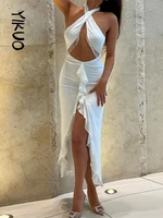 yikuo ruffles halter sleeveless backless hollow out beading tassel slit maxi dress sexy bodycon summer elegant outfit party