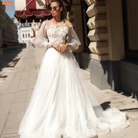 boho scoop neck long sleeves wedding dresses robe de mari%c3%a9e lace appliqu%c3%a9s buttons bridal gowns sweep train vestido de noiva