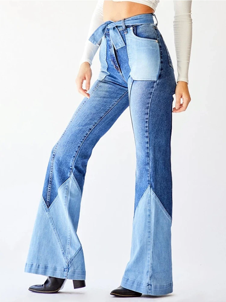 Stitching belt European and beautiful denim flared pants dropship retro high waist two-color denim jeans