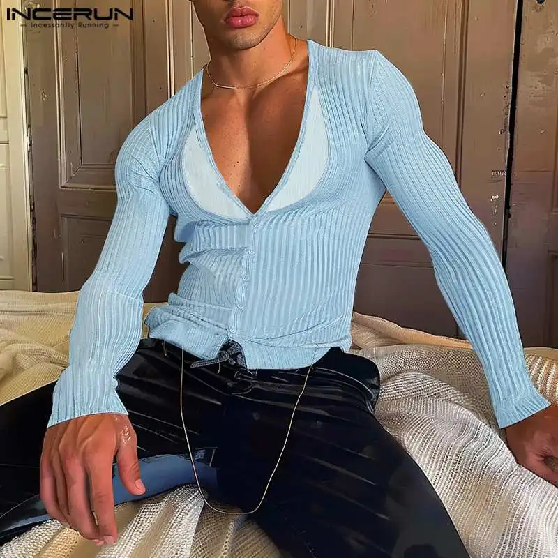 Мужской трикотажный свитер с V-образным вырезом и длинным рукавом