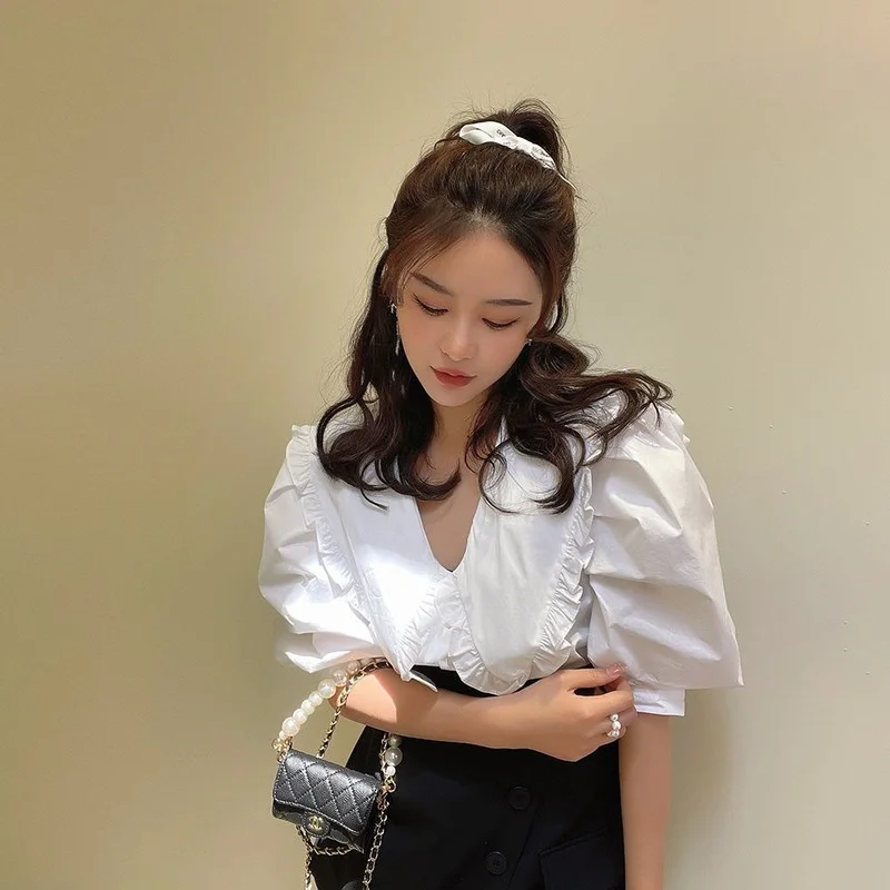 Женские рубашки ярко-белые простые с воротником в стиле Питера Пэна во