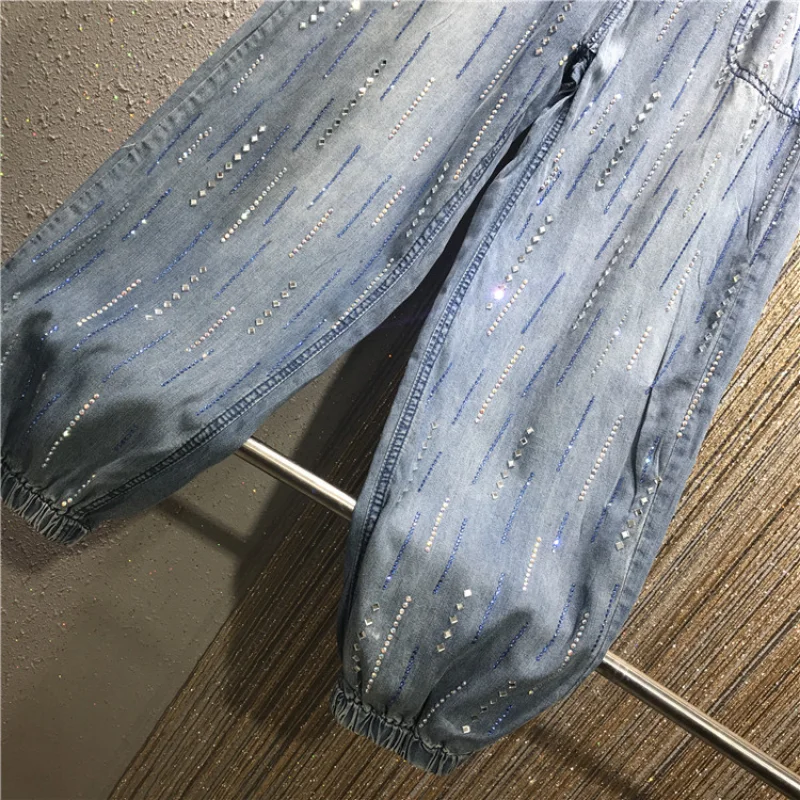 Thin Type Sunscreen Denim Cropped Pants For Women 2023 Summer New Elastic High Waist Loose Large Size Ankle-Tied Puff Y2k Jeans