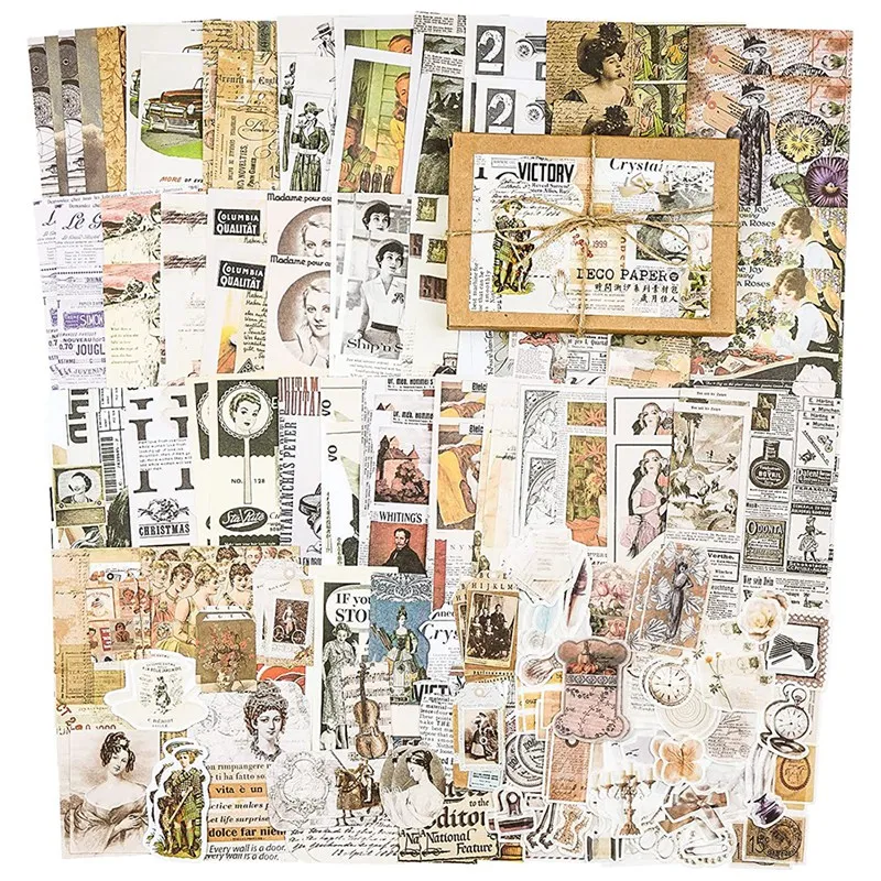 

200 Pcs Vintage Ephemera Pack Junk Journal Kit Scrapbook Planner Supplies for Art Journaling Collage Craft (Exploration)