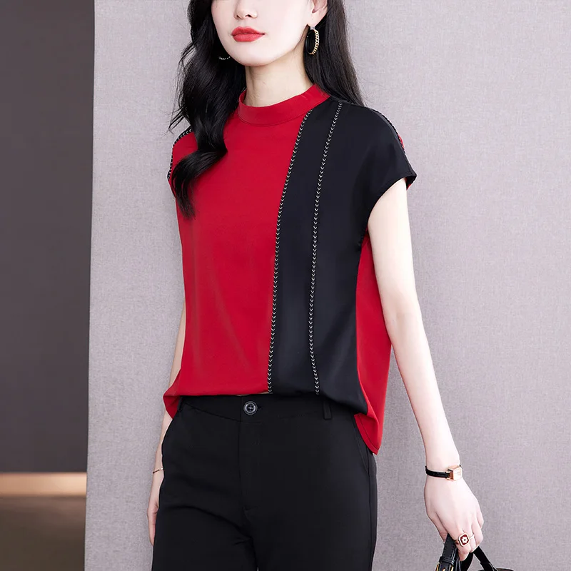 

Silk Splicing 2022 New Shirt Satin Women's Blouse Summer Elegant Sleeveless Casual Top Fashion Female Korean Style Clothing