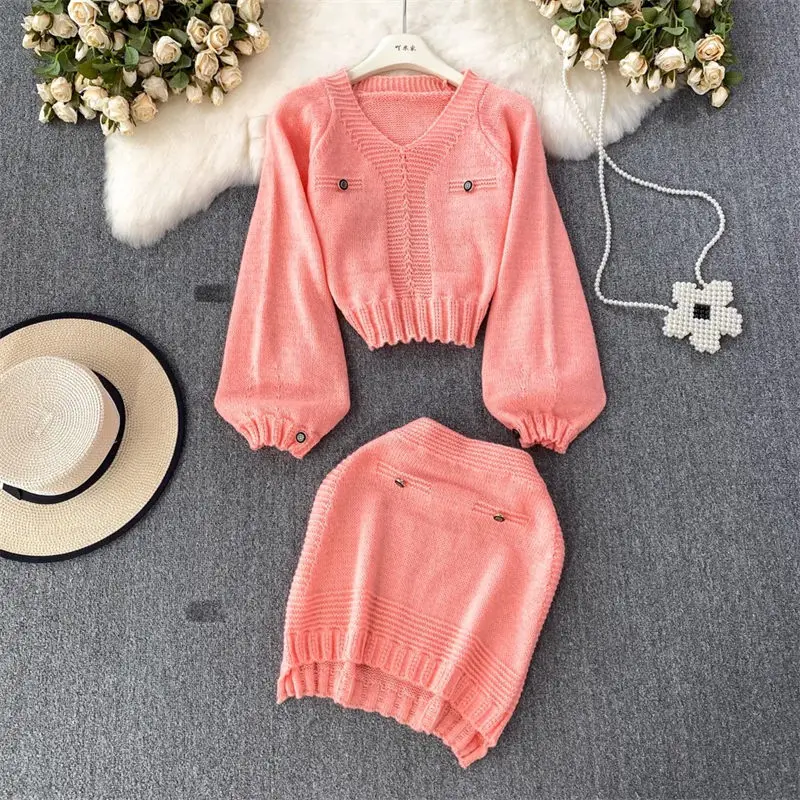

Sweet Girls Set Women's Autumn/Winter V-Neck Knit Sweater High Waist Slim Fit Wrap Hip Skirt Two Piece Suit For Women Z2573