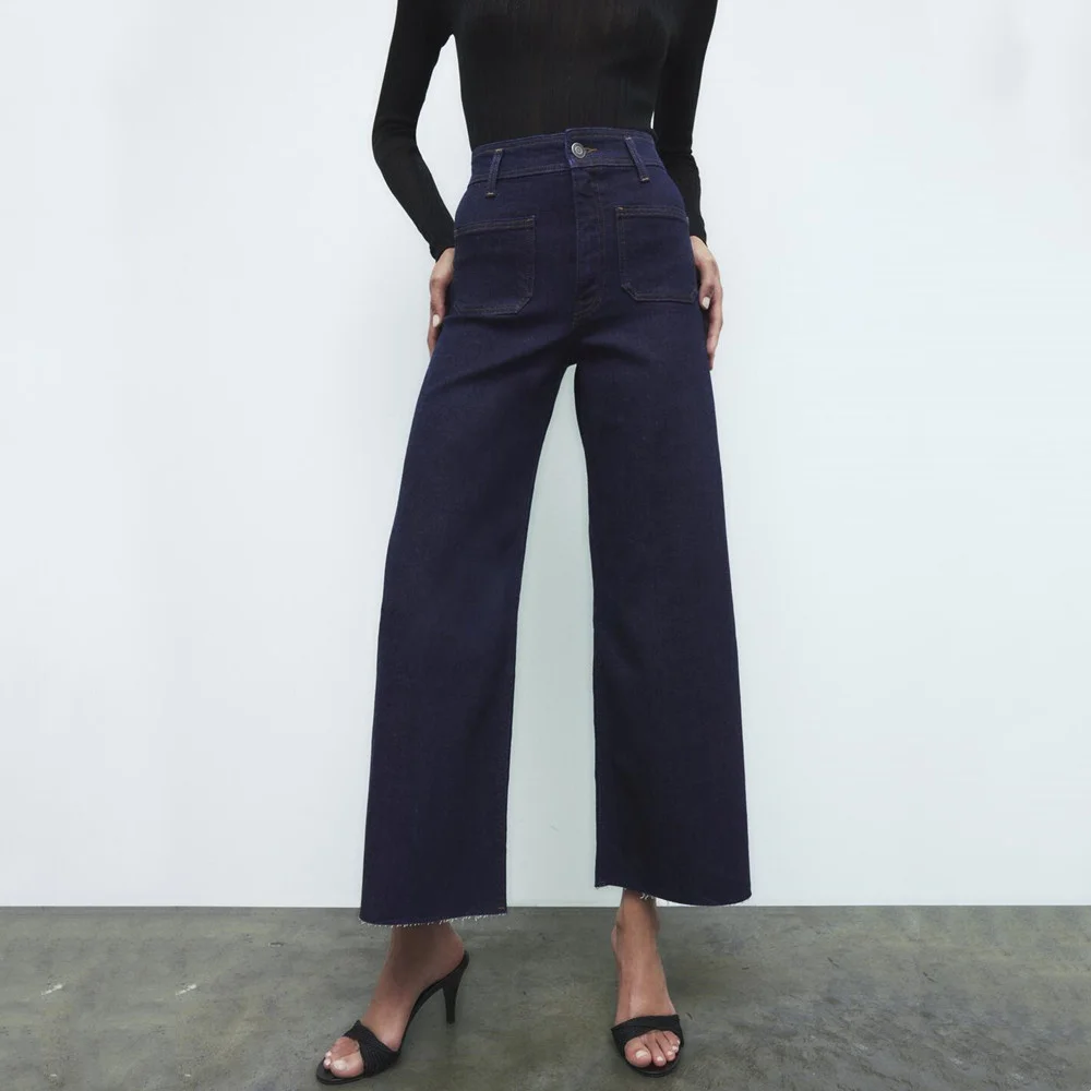 

UNIZERA 2023 Spring New Women's Wear High Waist Straight Leg Loose Pants Pocket Patch Decorated Jeans Female 7513255