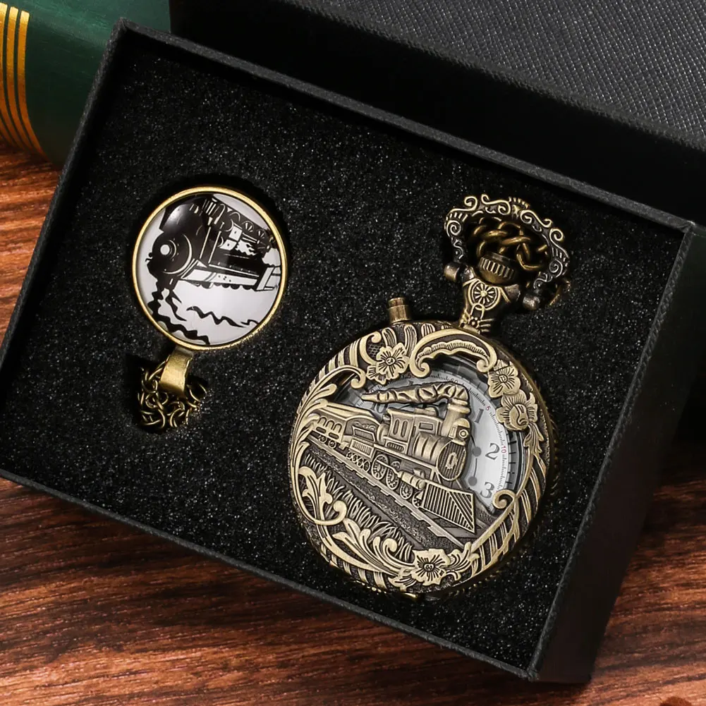 Retro Bronze Quartz Pocket Watch Necklace Gift Set Luxury Luminous LED Pocket Watch Steampunk Train Locomotive Engine Fob Watch