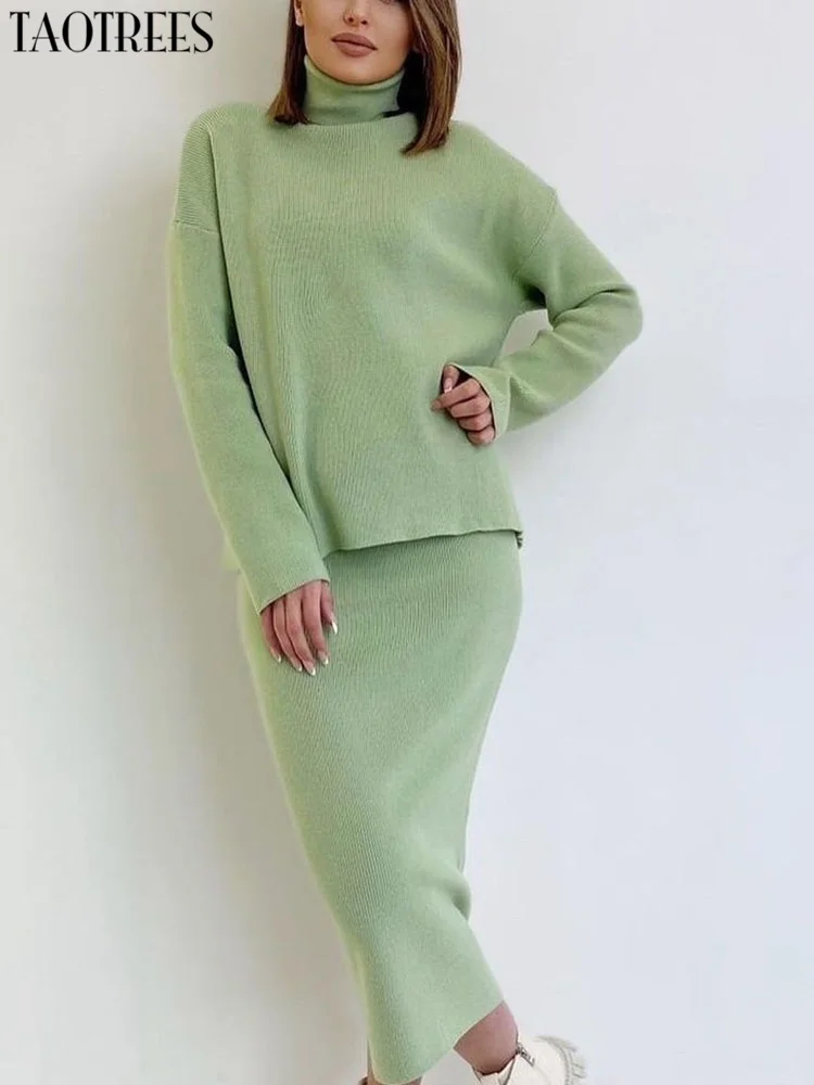 

Taotrees Women’s Knitted Skirts Suits Turtleneck Turndown Collar Loose Sweaters Pullovers+Knitting Long Slim Skirts 2Pieces Sets