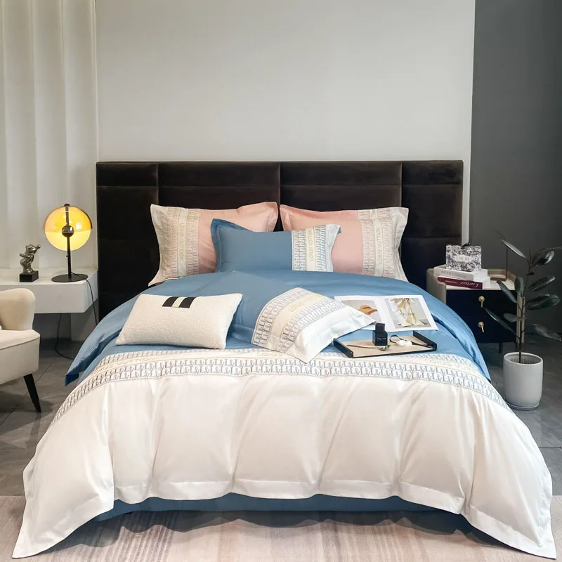 

Скандинавский высококачественный хлопковый набор из четырех предметов с вышивкой, высококачественное длинное атласное постельное белье и...