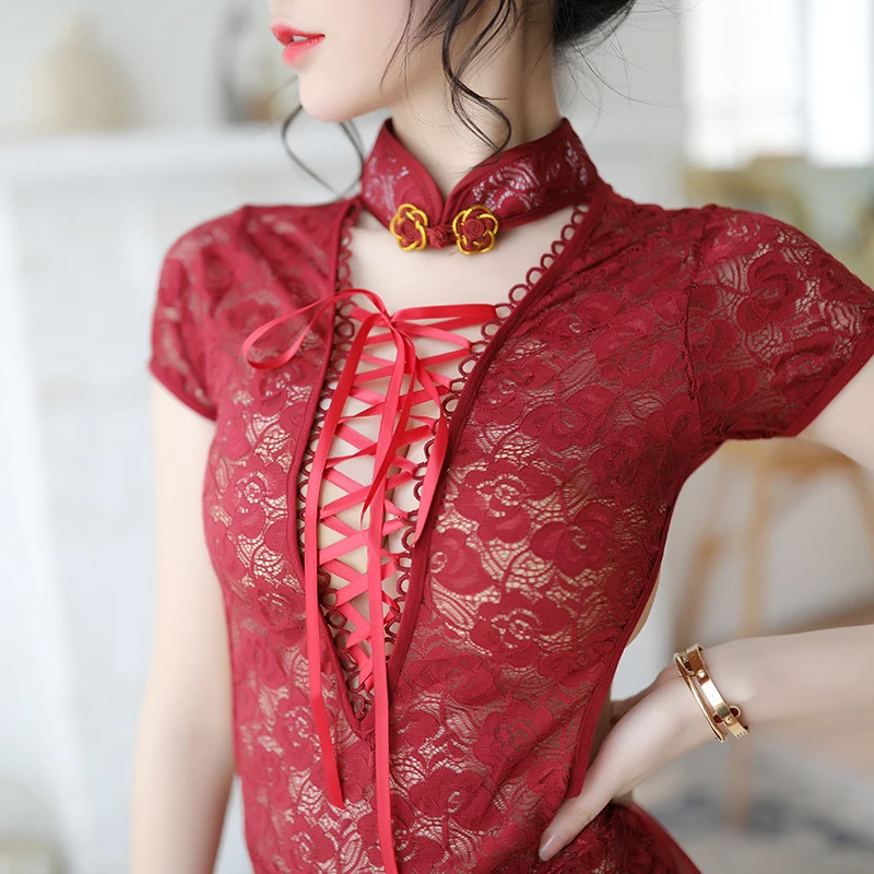 

Beauty Backless Mini Qipao Dress Woman Nightgown Chinese Style Pajamas Party Porno Uniform Retro Sexy Lace Cheongsam Nightdress