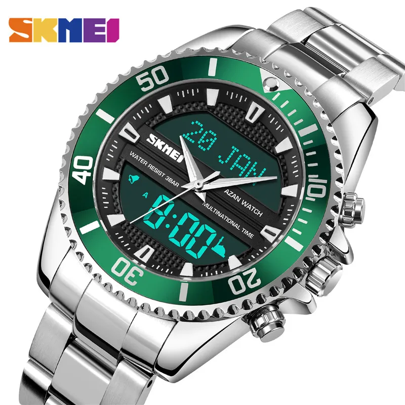 SKMEI Dual Movement Muslim Azan Clock Men Watch for Prayer with Qibla Compass Adhan Alarm Hijri Islamic Wristwatch reloj hombre |