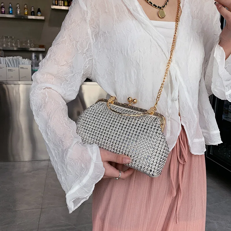 Luxury High-quality Diamonds Bag Women's 2022 Summer New Hand-held Purse Ladies Shell Bright Chain PU  Leather Messenger Handbag