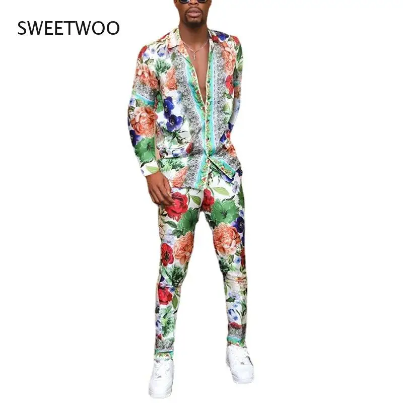 Men's Sets Autumn American Graffiti Print Suit Collar Shirt Slim Fit Casual Pencil Pants Streetwear Men Clothing Set