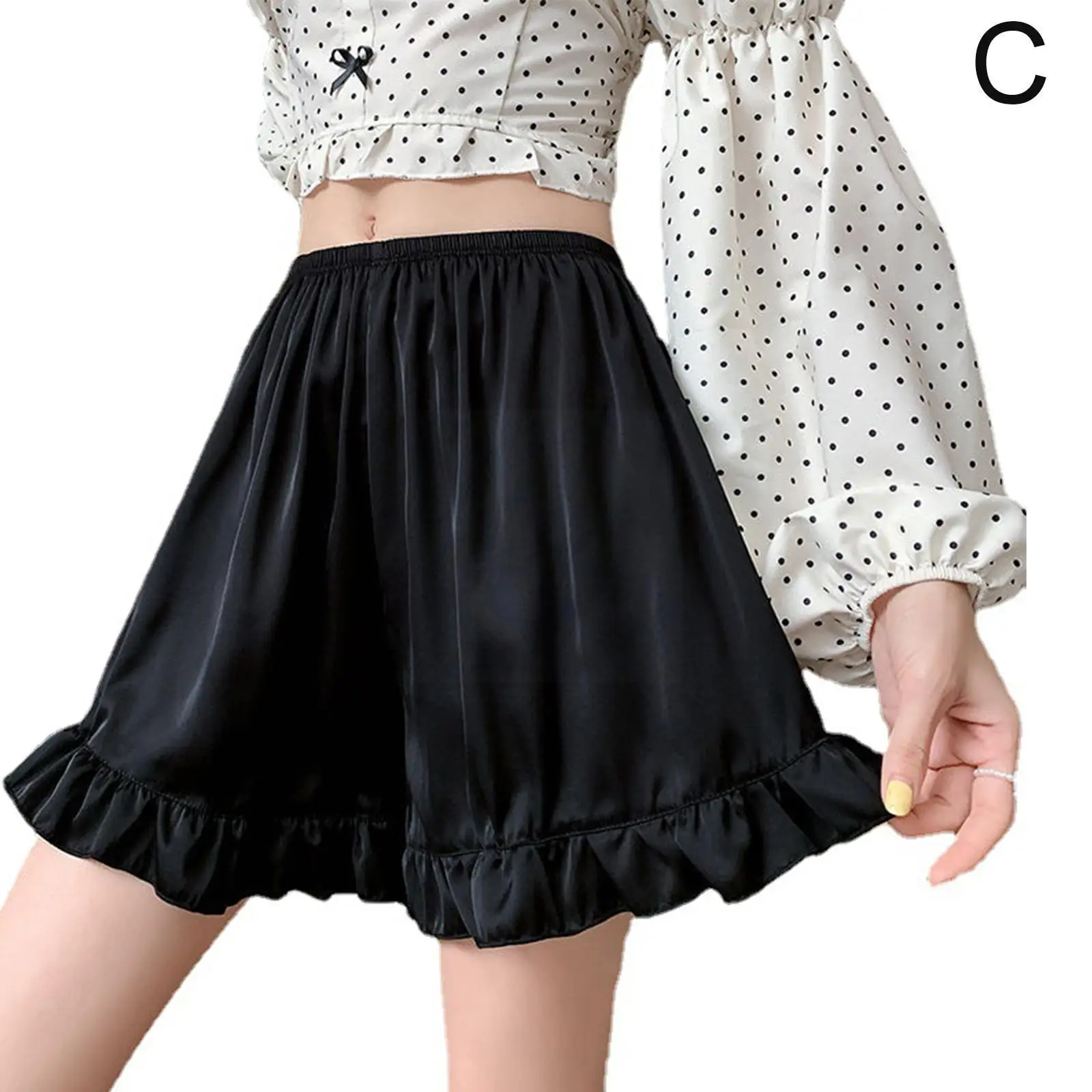 

Атласные шорты безопасности с оборками женские летние эластичные брюки из ледяного шелка свободные шорты на талии Защитная юбка Safet S9d9