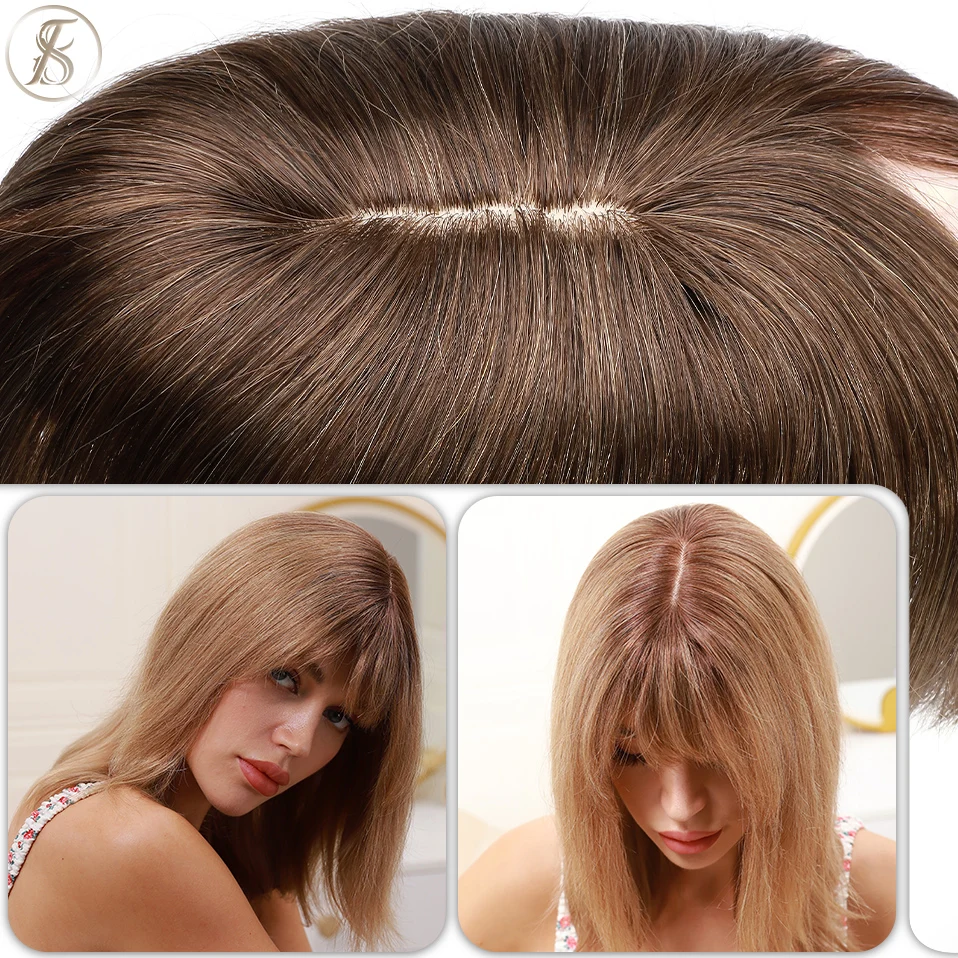 TESS Women Topper 7x12.5cm Hair Toppers With Bangs Hair Clips Natural Hair Wigs 100% Human Hair Silk Base Clip In Hair Extension