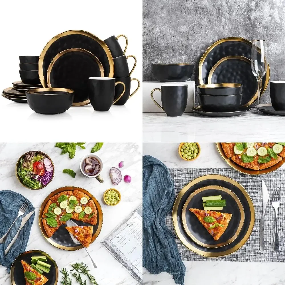 

Detail Fashionable Lain Modern 16-Piece Porcelain Dishes Set with Gold and Black Detail for 4 People, A Perfect Gift for Any Occ