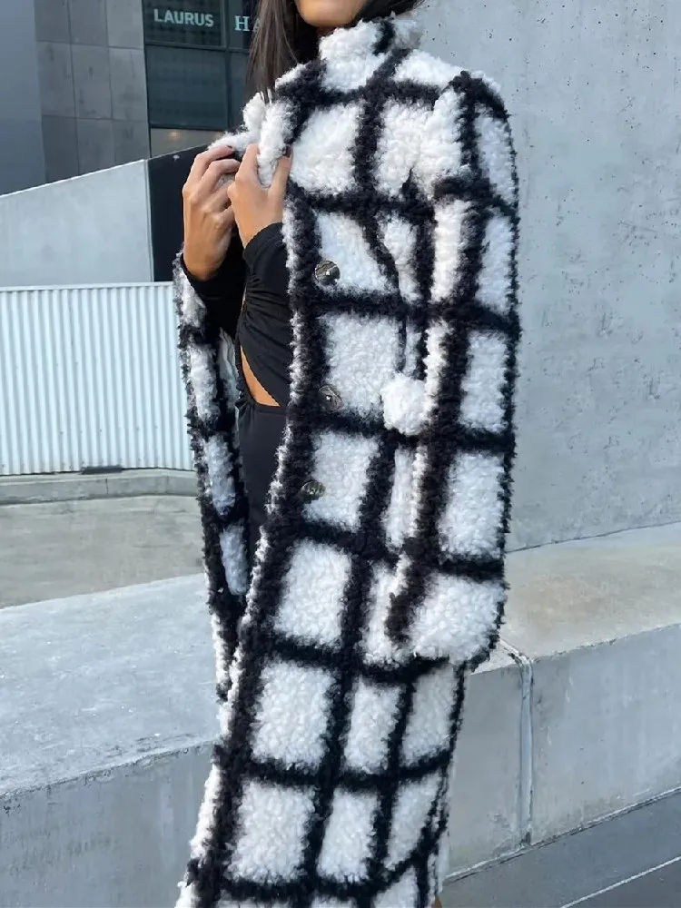 2022 Winter Lapel White Black Plaid Hairy Shaggy Faux Fur Long Teddy Coat Woman Shearling Fluffy X-Long Jackets  Warm Outerwear