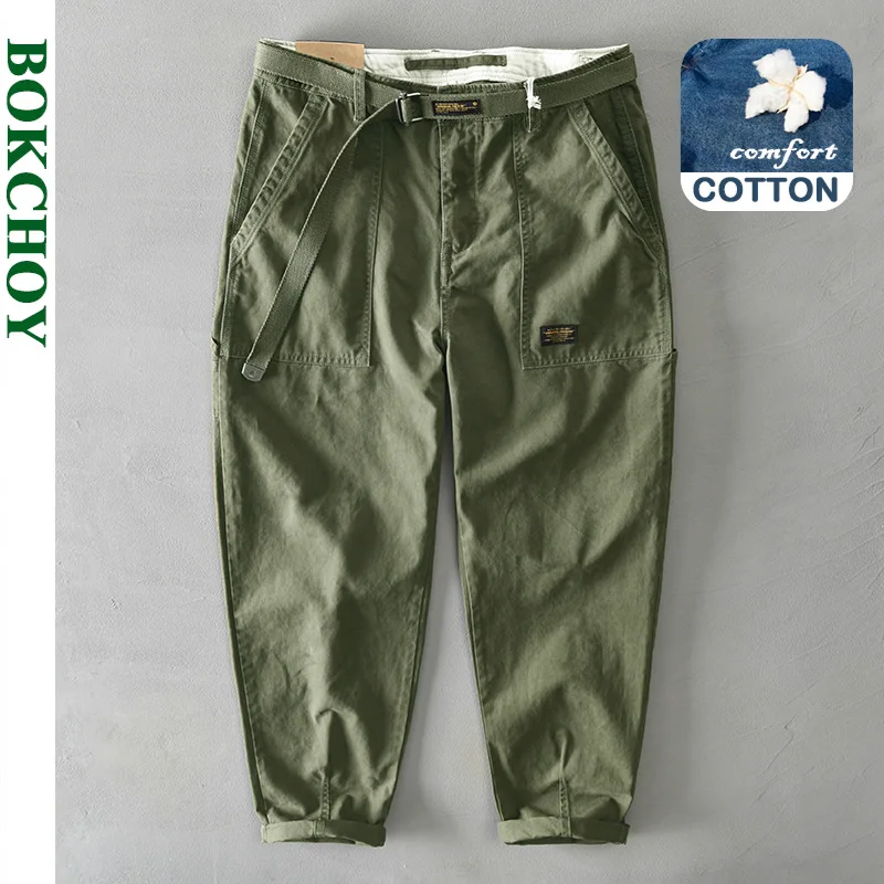 

2021 Autumn Winter New Pure Cotton Men Cargo Pants Korean Style Male Casual Loose Belt Mid Waist Slim Fit Pencil Trouser GA-Z329