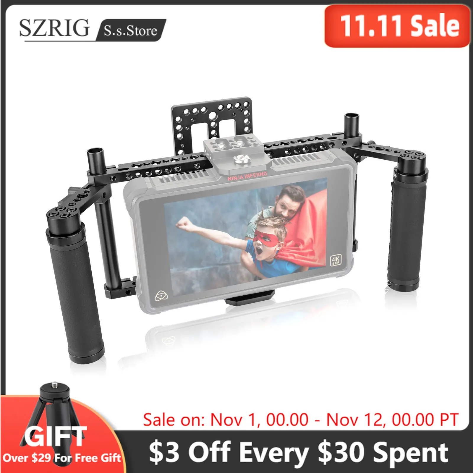 

SZRIG Universal Director's 7" & 5" Monitor Cage Rig With Double Leather Handle Battery Plate For Ninja Inferno Monitor