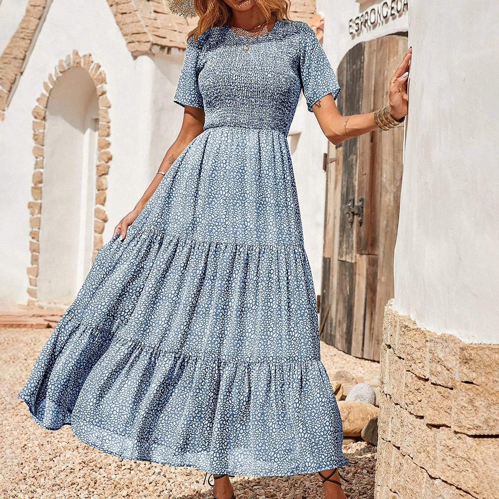 

Платье-Макси женское летнее с коротким рукавом, V-образным вырезом и цветочным принтом