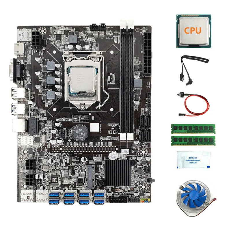 

8 Card GPU USB B75 BTC Miner Motherboard+CPU+2X4G DDR3 RAM+Fan+Thermal Grease+SATA Cable+Switch Cable LGA1155 DDR3 MSATA