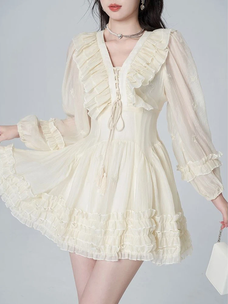 

Женское платье с длинным рукавом, белое свободное корейское модное летнее платье с оборками, милая одежда для дня рождения, элегантное женское платье, 2023