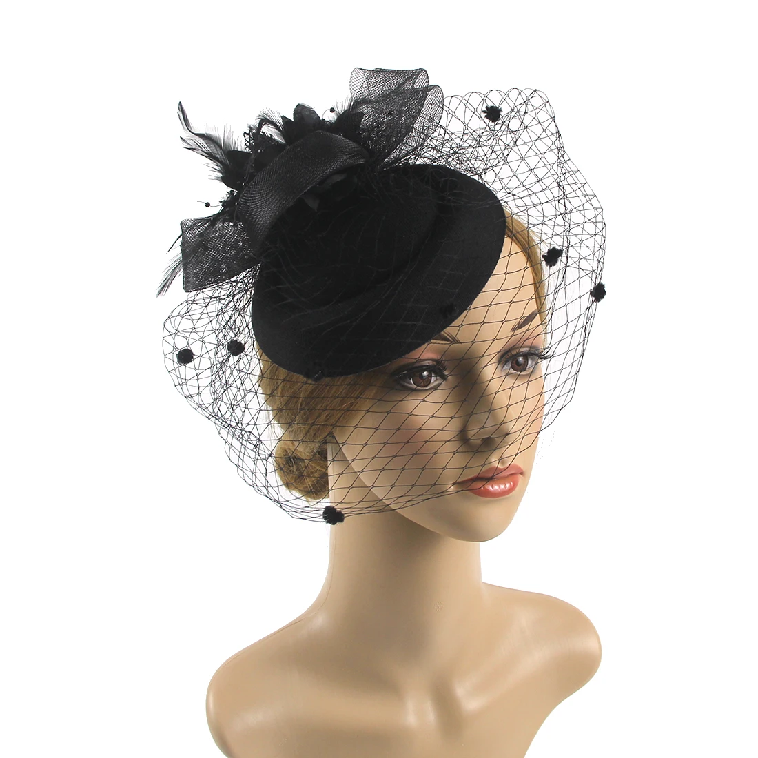 

Women Fascinator Hat with Veil and Feather Vintage Phillbox with Headband Clip Kentucky Derby Cocktail Tea Party Headwear