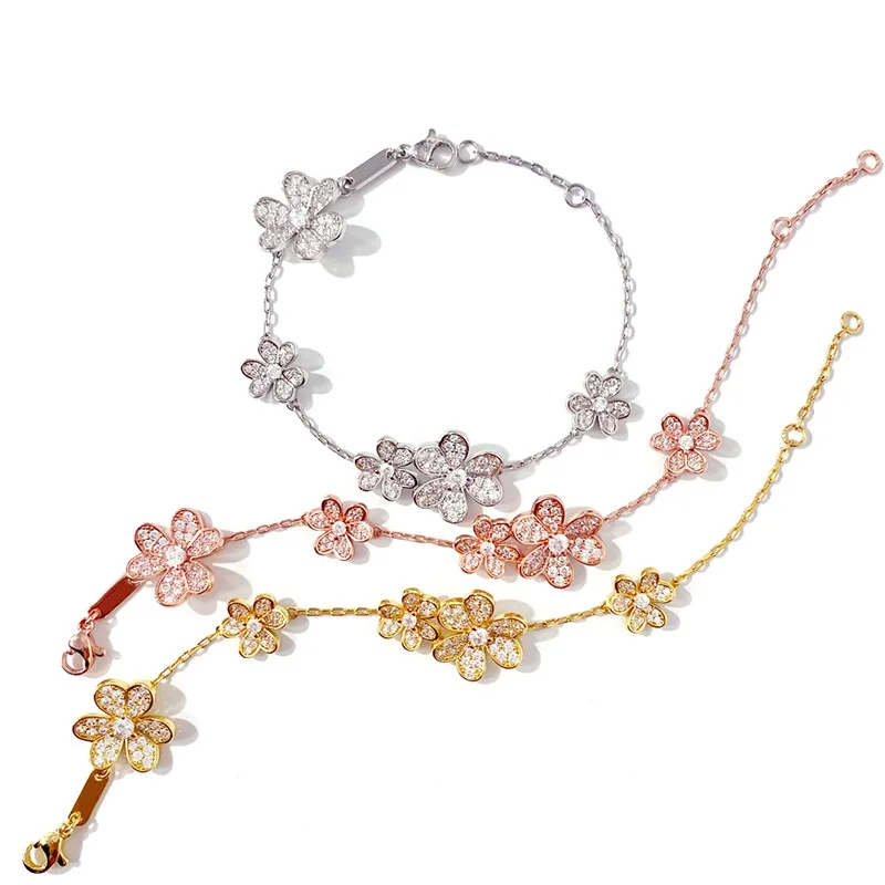 

3 Leaf Diamond Flower Bloom Chain Luxury Crystal Stone Charm Bracelet 18K/White/Rose Gold Plated Silver Bangle Women Jewelry Set