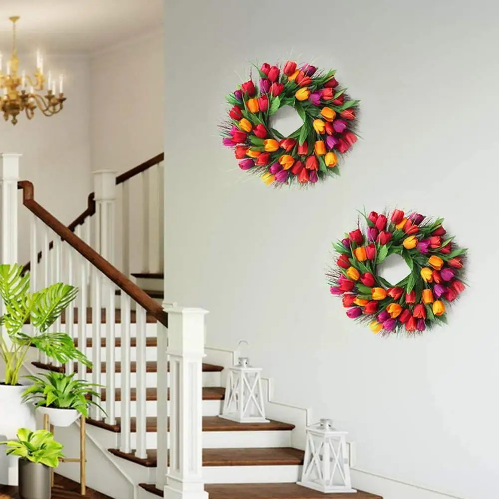 

38cm Imitation Tulip Wreath Door Hanging Sign Wedding Wall Home Window Decoration Festive Room Ornament Festival E1D5