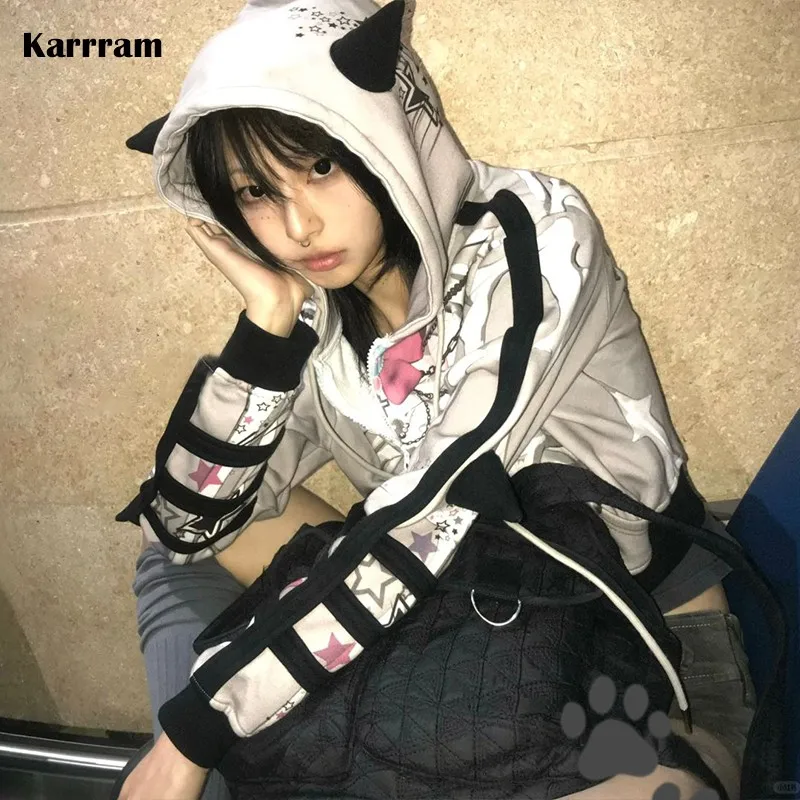 Karrram японская куртка с принтом аниме Y2k готическая темными рогами дьявола верхняя