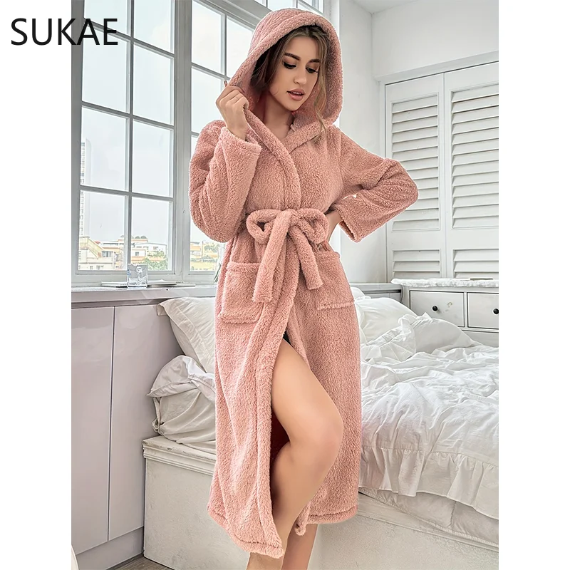 SUKAE зимние женские халаты теплые Коралловые платья с капюшоном толстовки халат