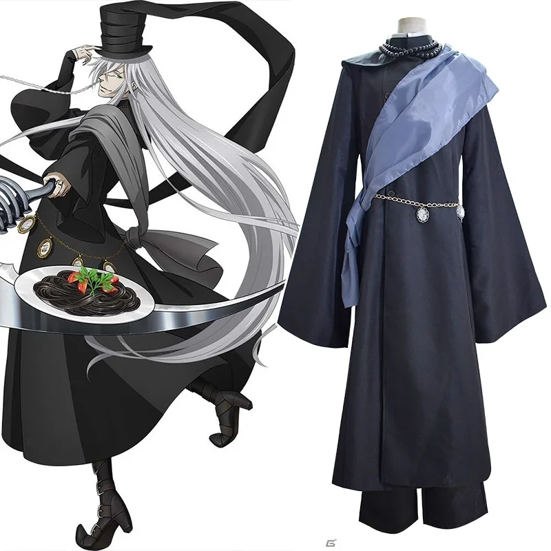 Anime Black Butler Kuroshitsuji Undertaker Cosplay Costume Halloween Party Costumes Custom Made Full Set Hat Chain and Wig