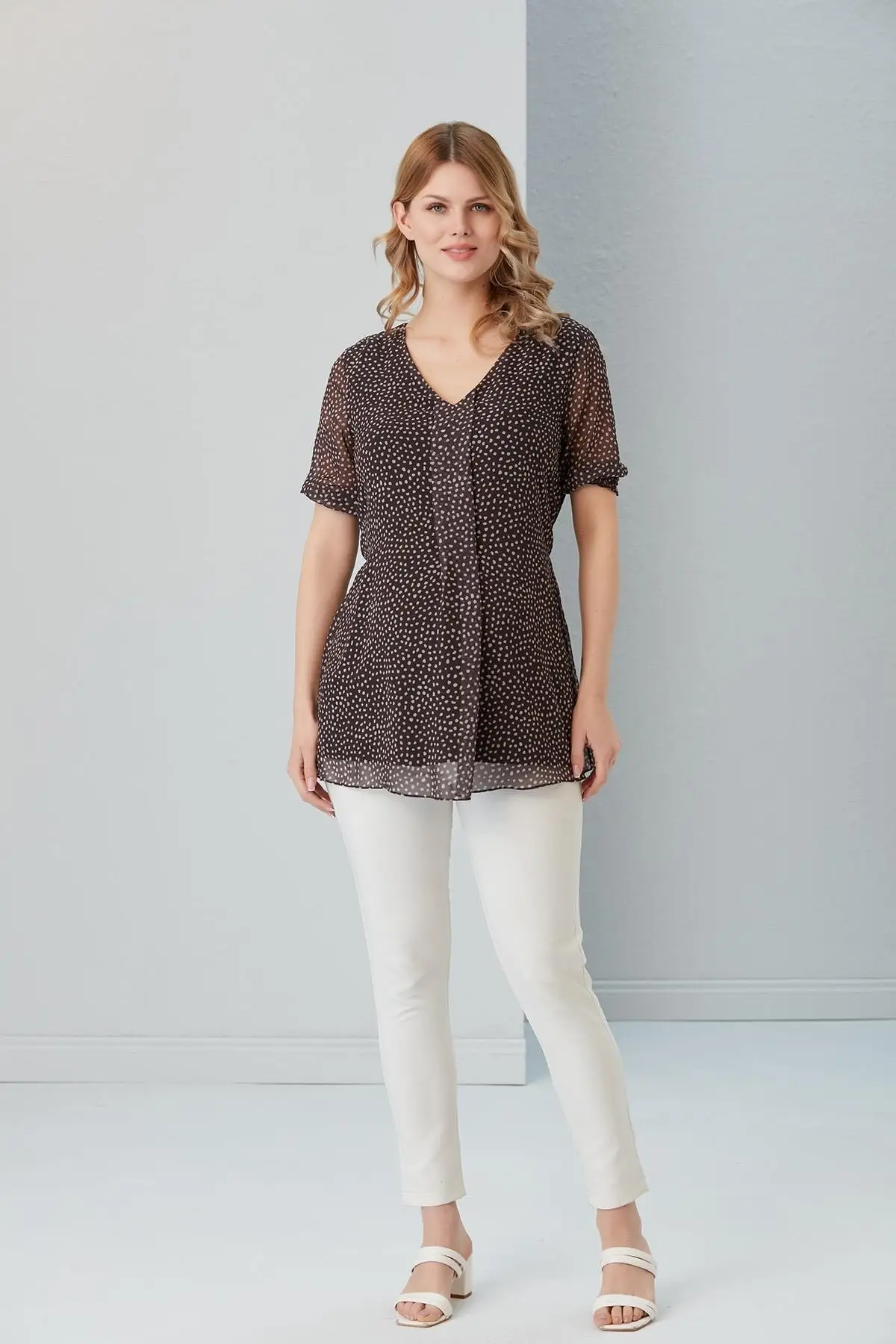 Женская стильная блузка для беременных B0027-Mini Point со складками и короткими рукавами