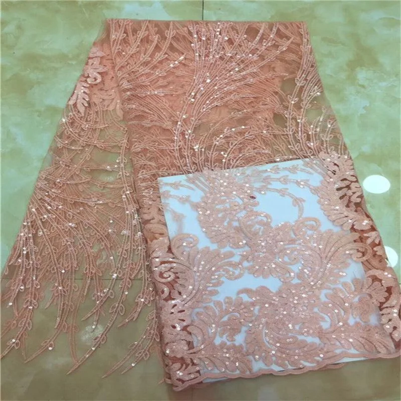 

2019 African high quality velvet sequence French Nigerian sequins net tulle mesh Swiss lace fabric for dress 5yards/lot Pink