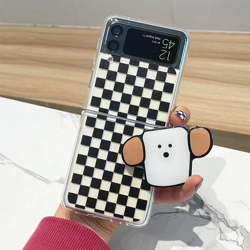 

For Samsung Galaxy ZFlip3 Cover Black and White Plaid Cases with Big Ear Phone Holder for Z Flip 3 Samsung F7110 Case