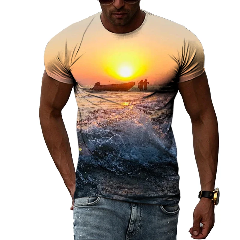 

Men's Summer Seaside Landscape Fashion T-shirts Casual 3D Print Landscape Graphic Tees Interesting Trend Short Sleeve Tees