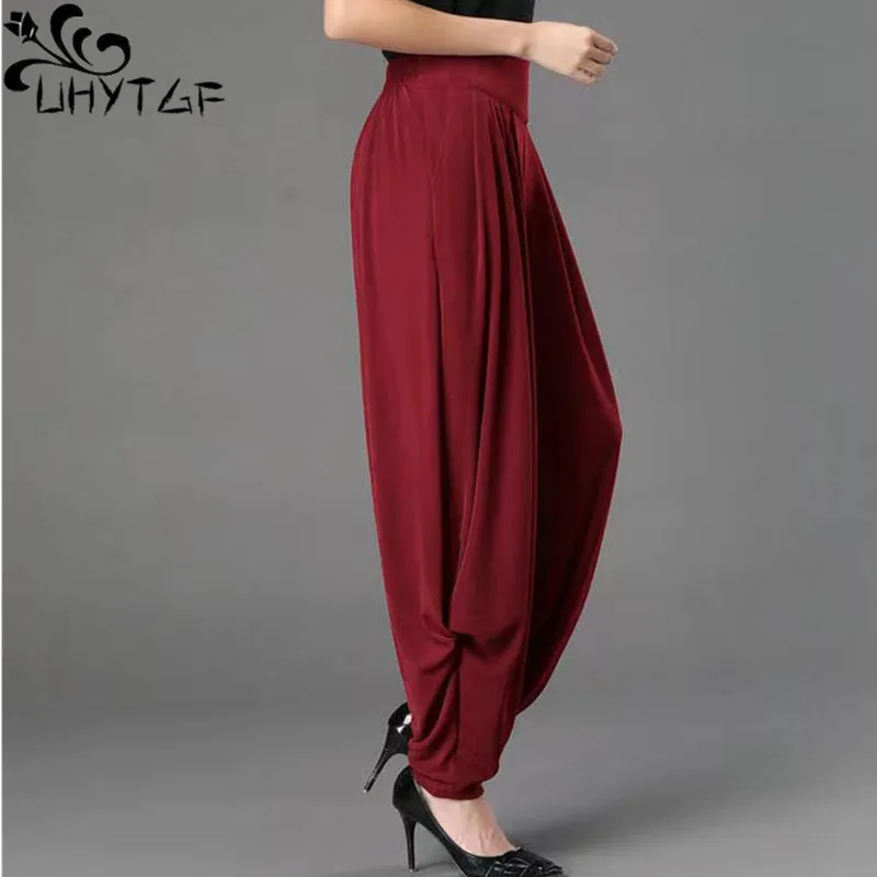 

Брюки UHYTGF Harun женские весенне-летние с высокой талией, повседневные свободные брюки большого размера, тонкие стильные женские девять точечных шаровары 243