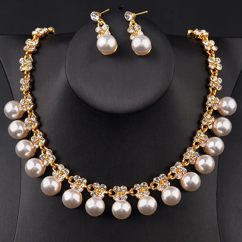

Ladies Jewelry Set European and American Rhinestone Pearl Bridal Jewelry Necklace Earrings Two-piece Wedding Dress Accessories