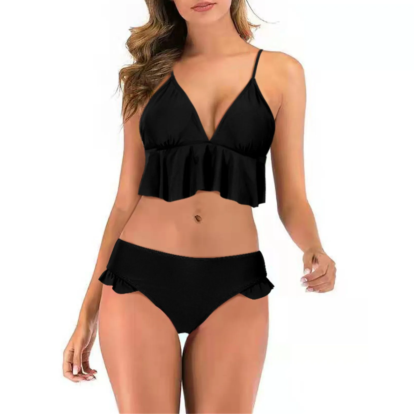 

Feshion Womens Ruffle Sexy Bikini Set Wrap Molded Cups Two Piece Bathing Suit Swimsuit Ladies Solid Color Ruffled Sexy Split