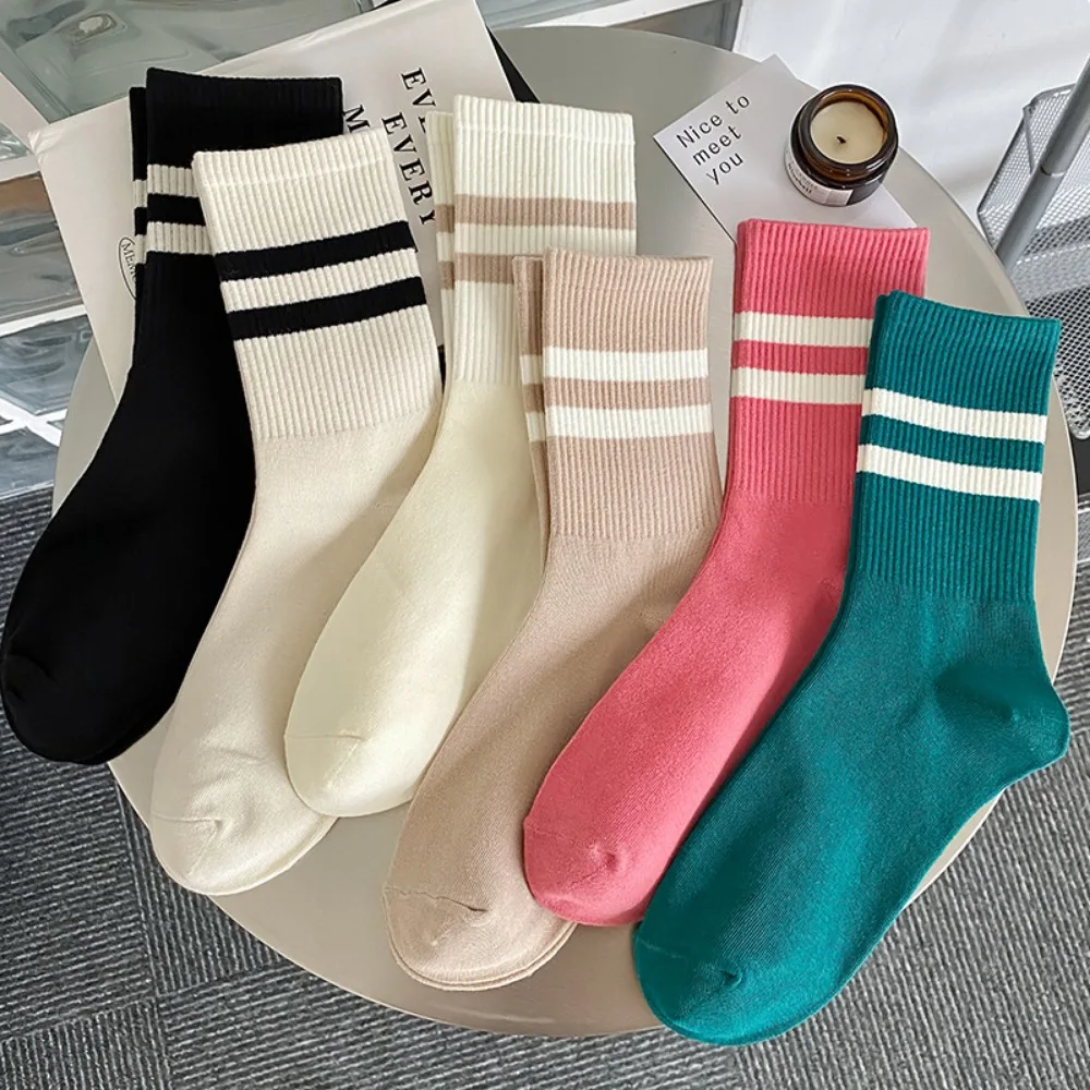 

Spring Socks Women Woman Korean Version of The Two Bars Japanese Striped Cotton Tube Pile Socks Ins Tide Socks College Style