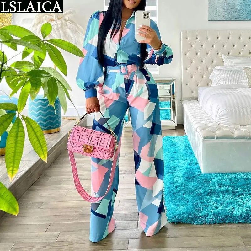 Wholesale Items Two Piece Set Women Long Sleeve Turn-down Autumn Fashion 2 Piece Sets Elegance Party Club Printed Pants Suits